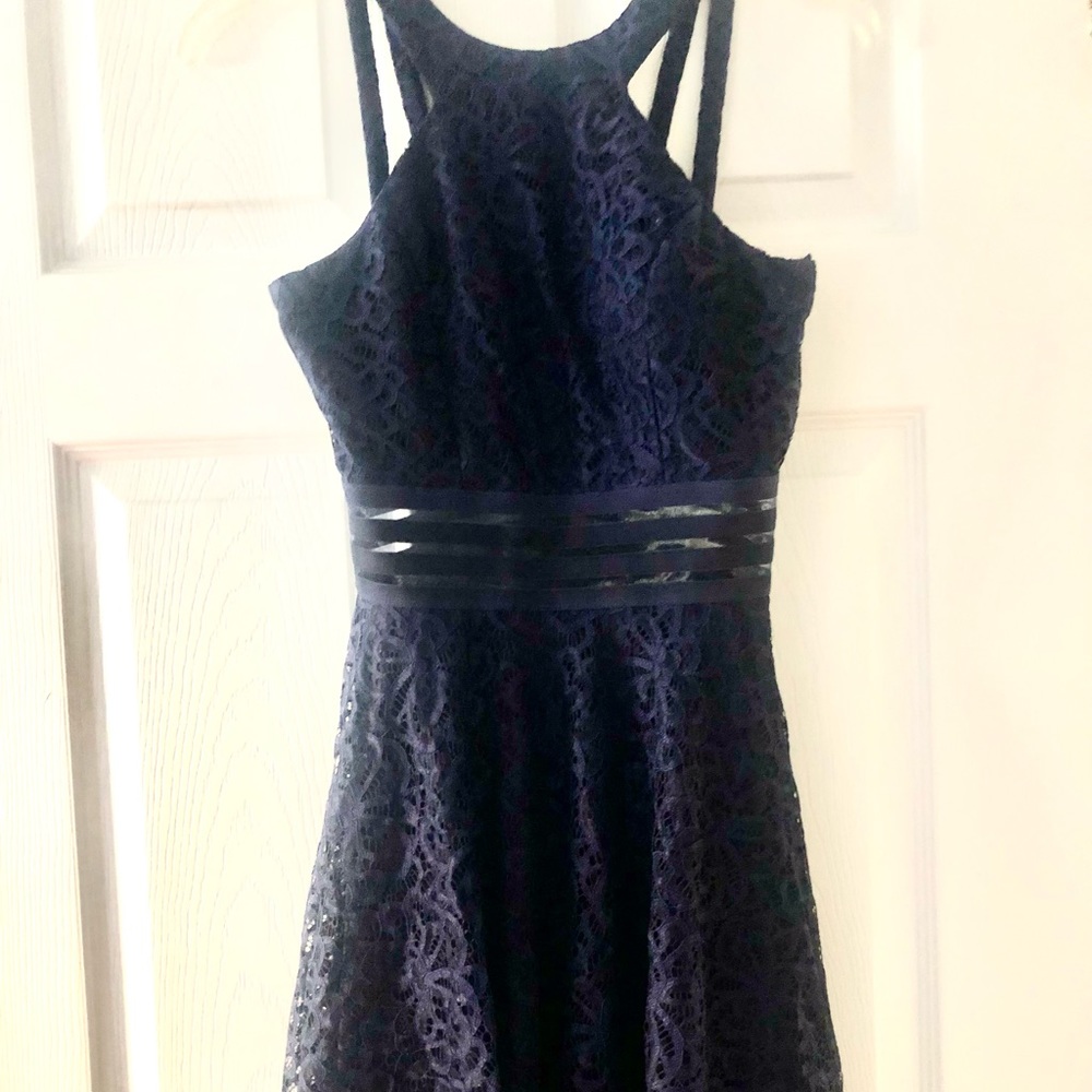 Juniors.  Navy blue high neck halter dress.
